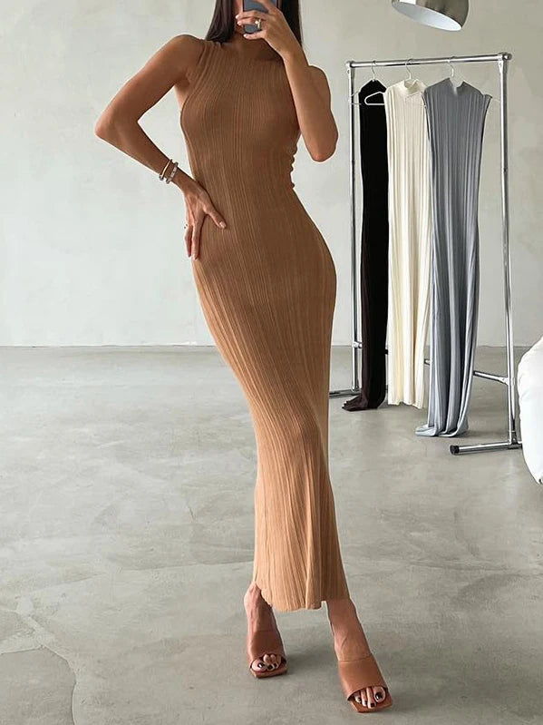 Sexy Women's Knitted Dress 2024 Spring Summer Maxi Turtleneck Sleeveless Sheath Long Dress Slim Party Bodycon Dresses for Women
