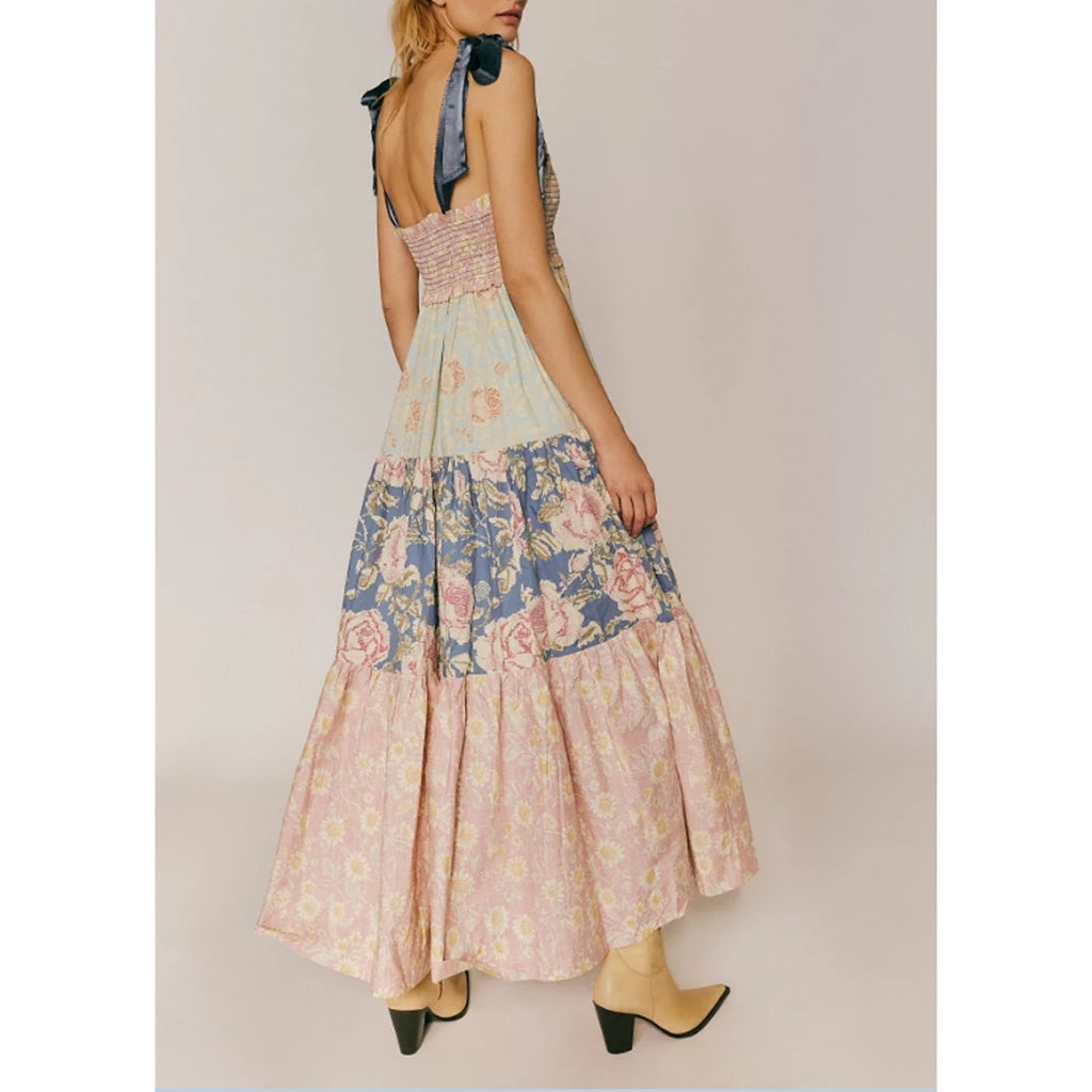 Combhasaki Women's Y2K Vintage Floral Print Ribbon Tie-Up Shoulder Straps Sleeveless V-Neck Summer Big Swing A-line Long Dress
