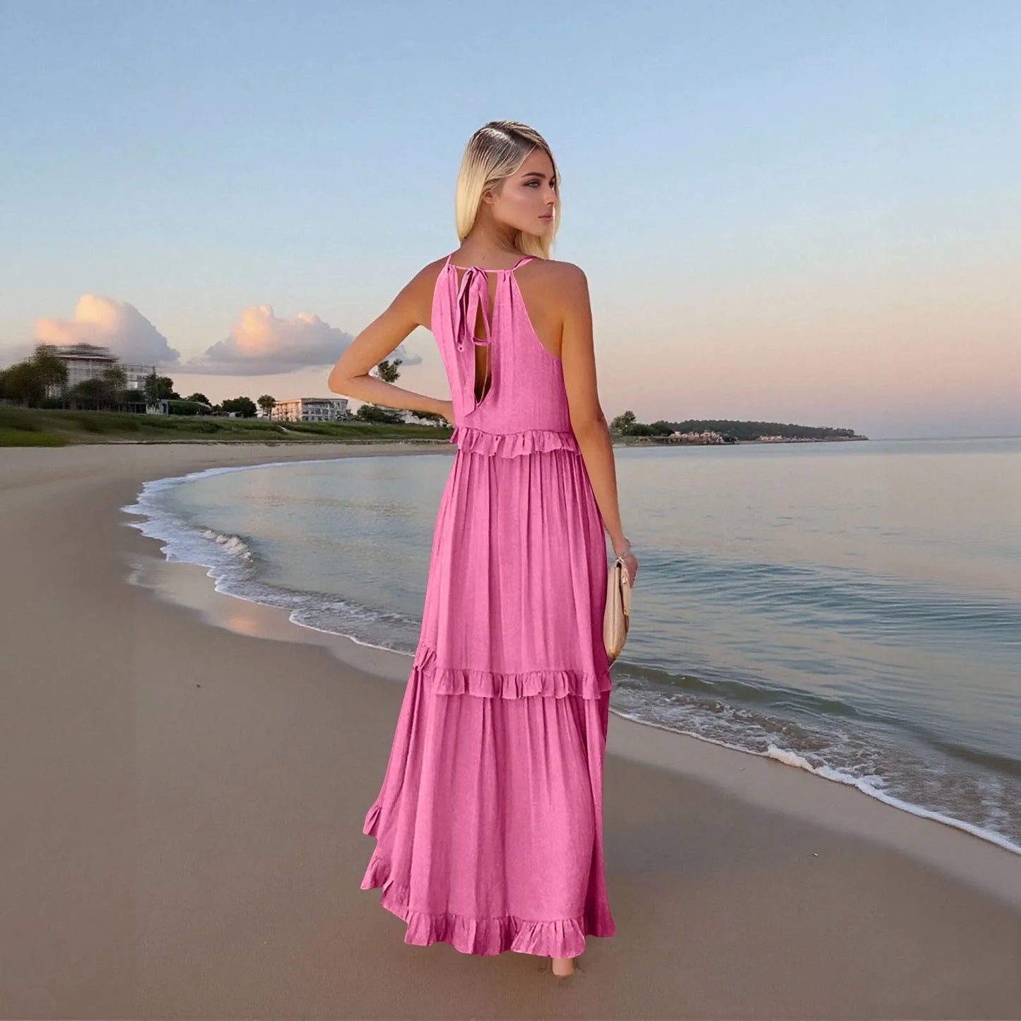 Women's Ruffled hem layered long dresses Summer Sleeveless backless dress Fashion Long Dress Big Swing Beach Dress vestidos