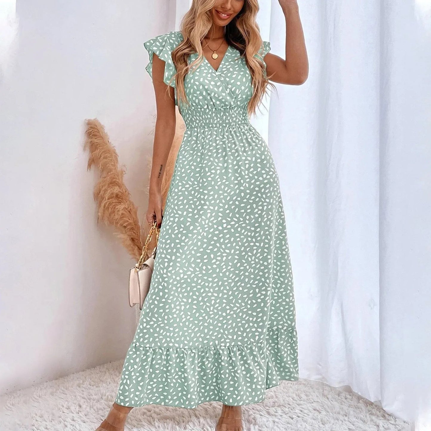 Polka Dot Dress For Women Sexy V-Neck Long Dress Casual And Fashionable Ruffle Edge Short Sleeved High Waisted Dress