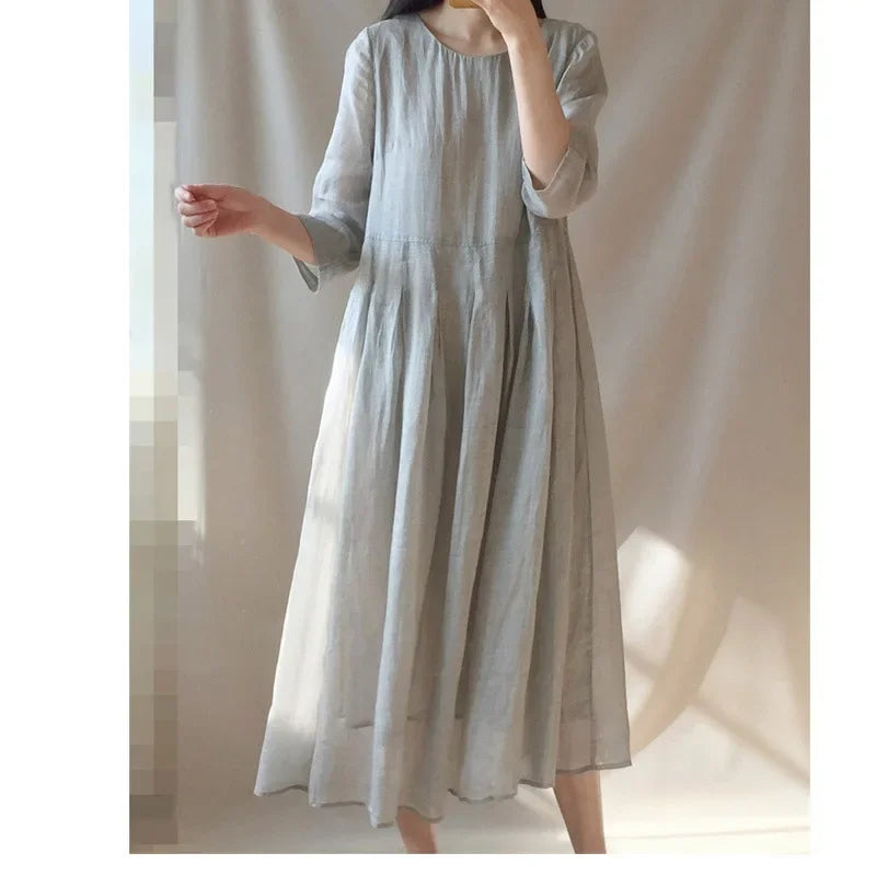 In-stock Korean Lightweight Elegant Dress Artistic Vintage Loose-fit Travel Vacation Long Dress Cotton Linen Women's Clothing