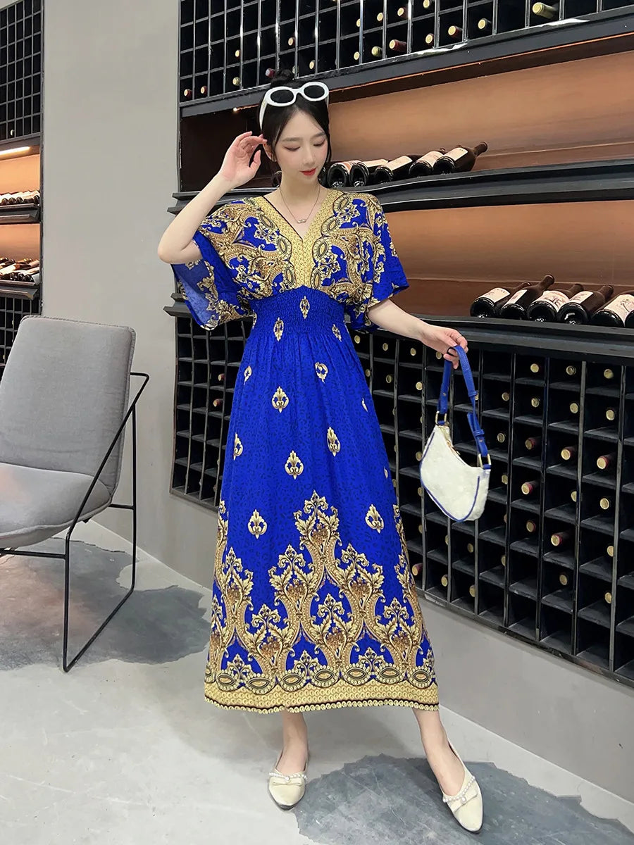 V-neck Large Skirt Hem Casual Sweet Holiday Long Dress Bat Sleeves Elastic Waist Bohemian Print Floral Elegant Dresse For Women