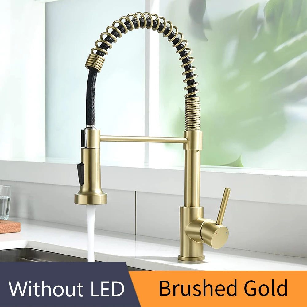 Kitchen Faucets Brush Brass Faucets for Kitchen Sink Single Lever Pull Down Spring Spout Mixers Tap Hot Cold Water Crane 9009