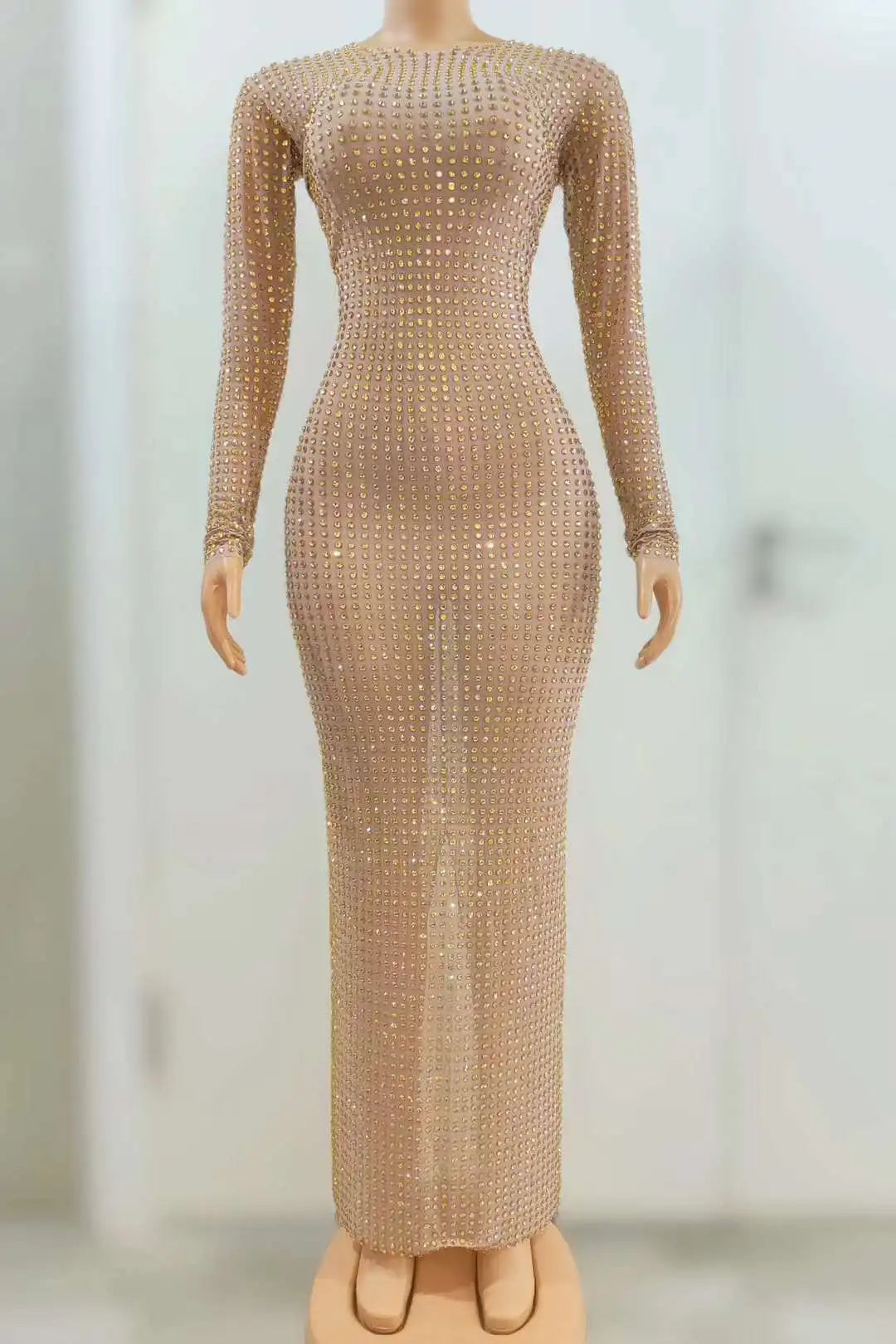 Luxury Celebrity Party Long Dress Women Sexy Mesh See Through Birthday Costume Sparkly Rhinestones Evening Elegant Gowns
