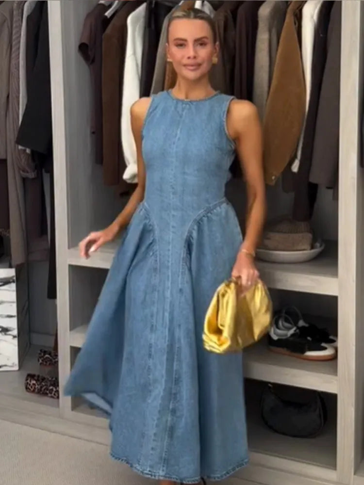 Women Blue Denim Pleated High Waist A-line Long Dress Sexy Backless Sleeveless Lace-up Vestidos Elegant Street Party Dresses