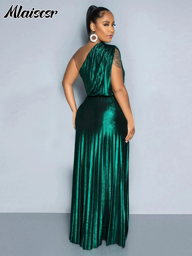 Mlaiscsr Metallic Golden One Shoulder Sleeveless Pleated A-Line Long Dress Elegant Women Luxury Birthday Evening Gowns Vestidos