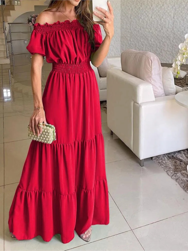 Women's Dress One-line Collar Spring And Summer Short-sleeved New Green Long Dress Fashion Casual Loose Beach Party Dresses Robe
