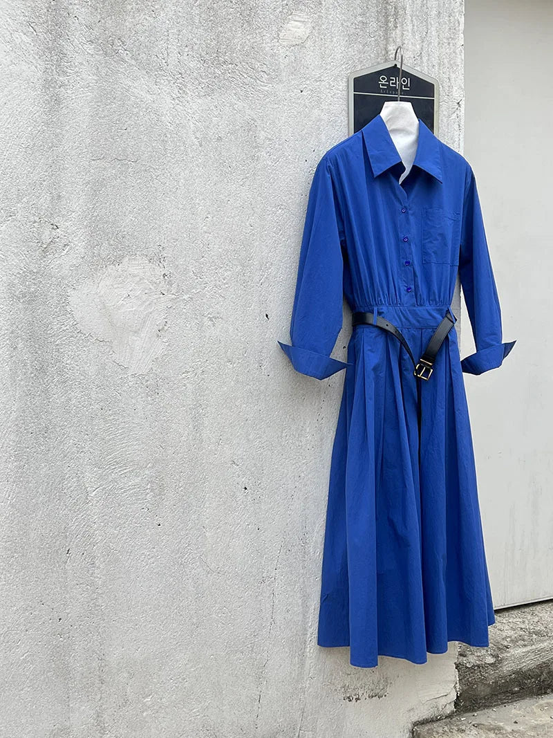 Polo‘s Collar Shirt Dress Women Spring Slimming Long Dress With A Cinched Waist Blue / Pink
