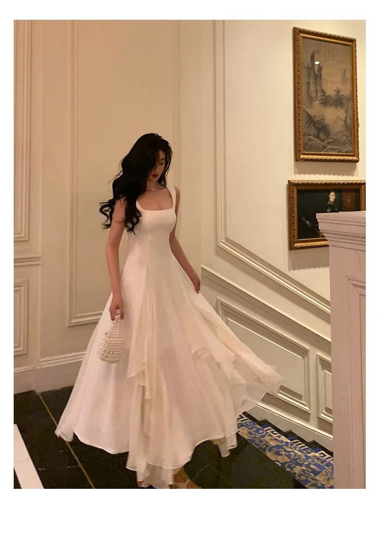 Summer Solid Elegant Camisole Long Dress Women Sweet Sleeveless A-Line Ruffles Fairy Dress Female Evening Party Vestidos Largos