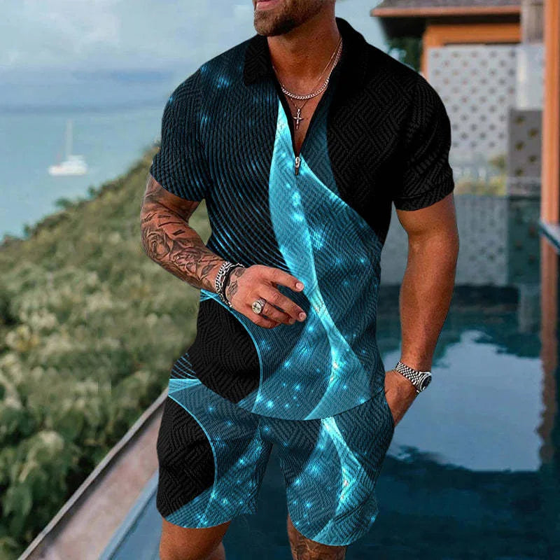 Solid Color Gradient Print Men's Sweatsuit Set Summer Casual Zipper Polo Shirt And Shorts 2pcs Sets Trend Man Pullover Clothing