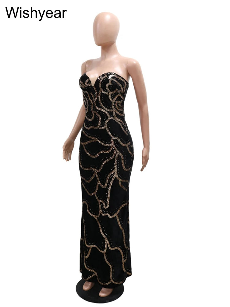 New Luxury Elegant Wedding Evening Guests Sequined Strapless Green Long Dress Women Sexy Sleeveless Birthday Party Prom Clubwear