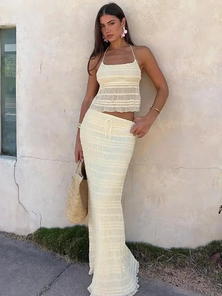 Chaxiaoa Chiffon Lace Sexy Skirt Two Piece Sets Women Halter Crop Tops and Maxi Skirt Ladies Fashion Woman Long Dress Set