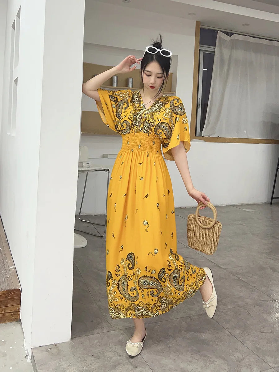 V-neck Large Skirt Hem Casual Sweet Holiday Long Dress Bat Sleeves Elastic Waist Bohemian Print Floral Elegant Dresse For Women