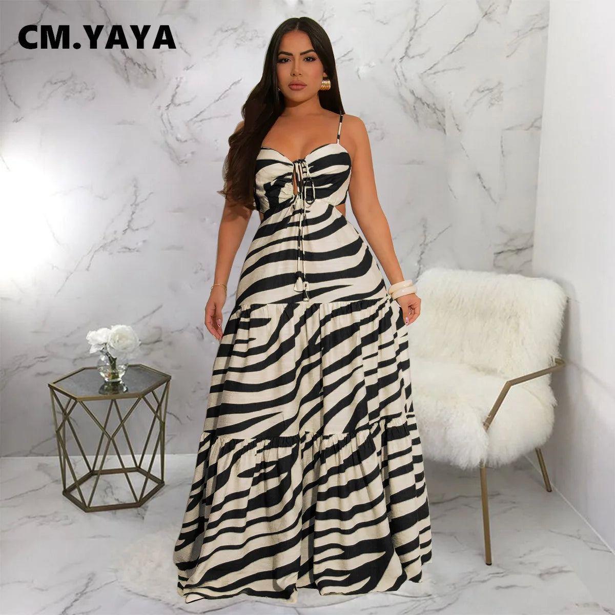 CM.YAYA Printed Women Strap Sleeveless Backless Long Dress 2025 Birthday Beach Evening Sexy Night Party Maxi Dresses Vestidos