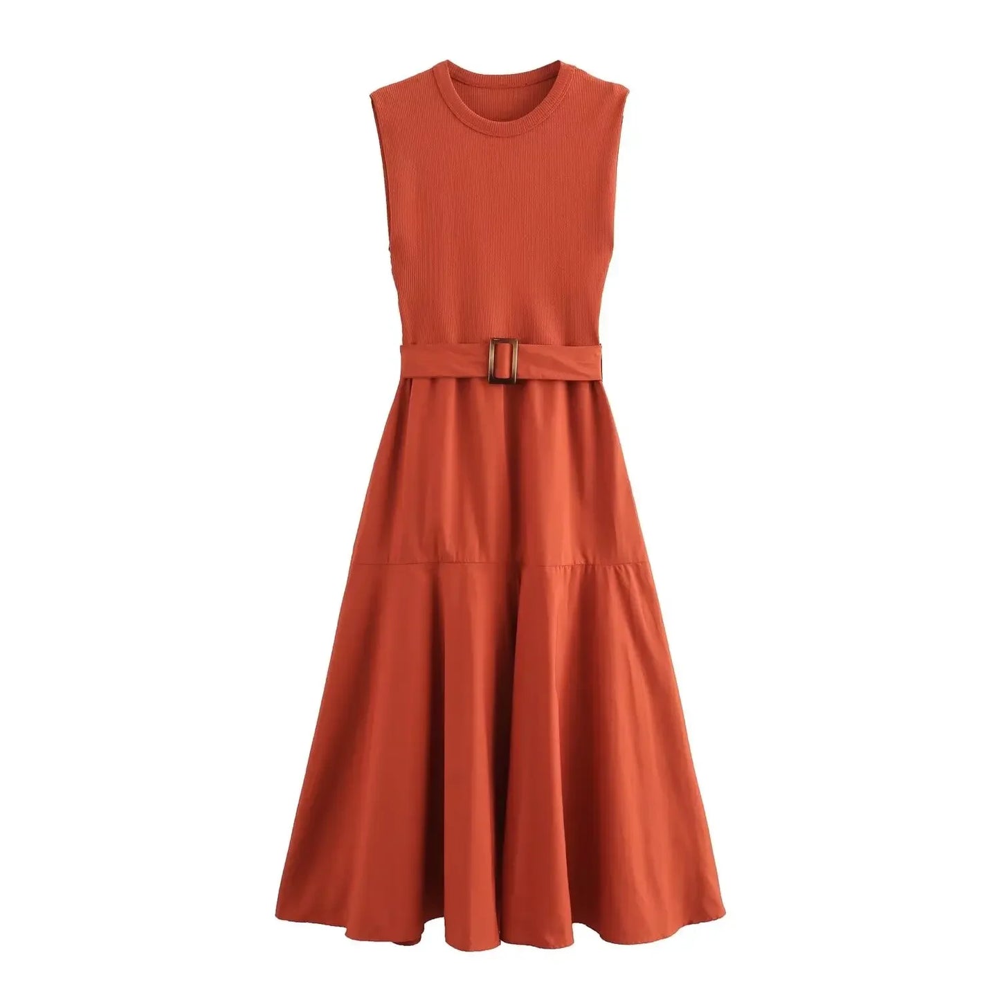 BWQ New Women Solid Patchwork Dress With Belt Elegant Office Ladies Sleeveless O-neck Dress Vintage Causal A-line Long Dress