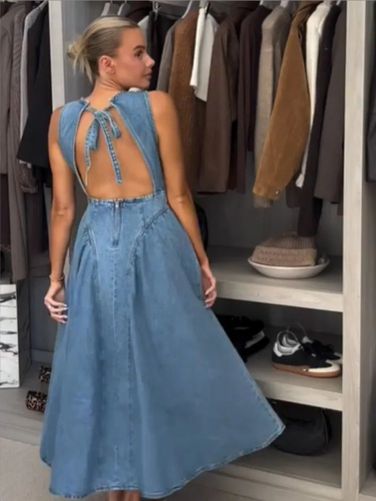 Women Blue Denim Pleated High Waist A-line Long Dress Sexy Backless Sleeveless Lace-up Vestidos Elegant Street Party Dresses