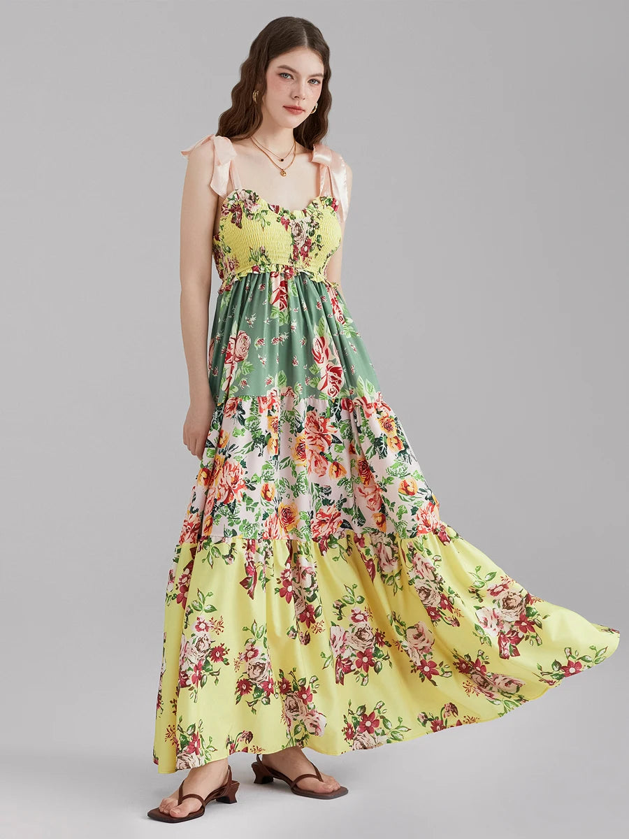 Combhasaki Women's Y2K Vintage Floral Print Ribbon Tie-Up Shoulder Straps Sleeveless V-Neck Summer Big Swing A-line Long Dress
