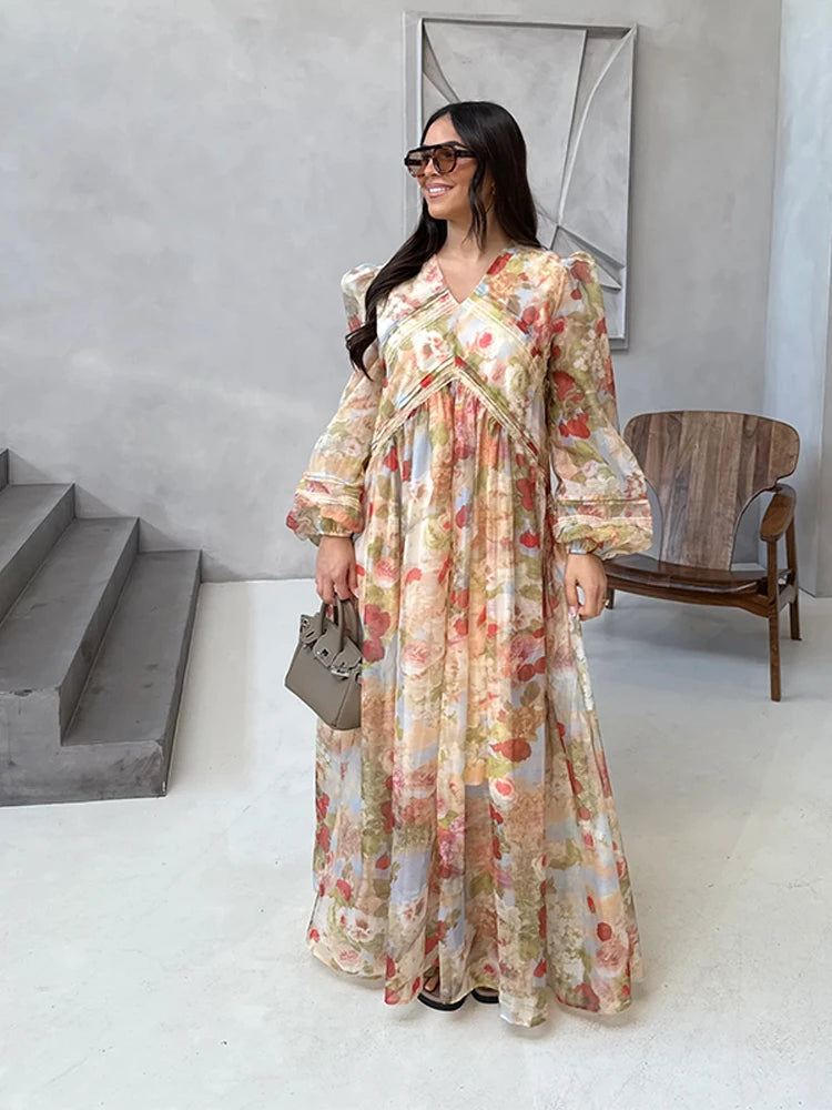 Fashion Print V-neck Women's Maxi Dresses Elegant Pleated Long Sleeve Loose Long Dress Female Summer Chic Casual Holiday Party