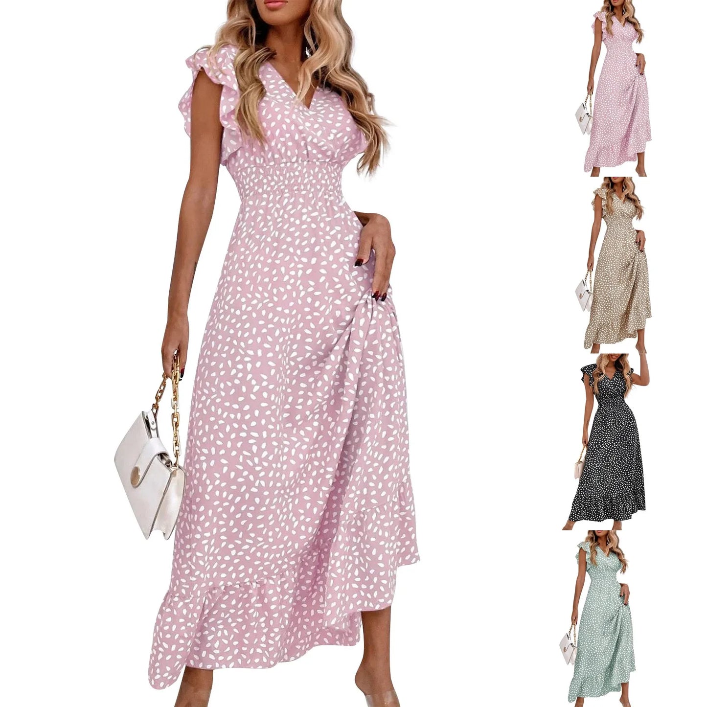 Polka Dot Dress For Women Sexy V-Neck Long Dress Casual And Fashionable Ruffle Edge Short Sleeved High Waisted Dress