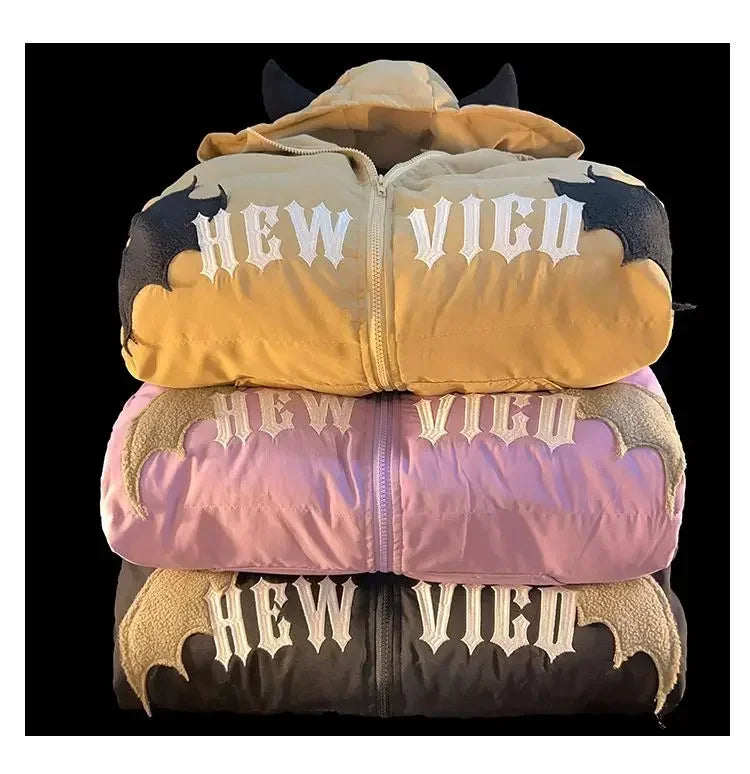 Winter New Cotton Jacket Devil Wing Embroidery Bread Jackets Men's Women's Vintage Harajuku Casual Loose Hooded Cotton-padded