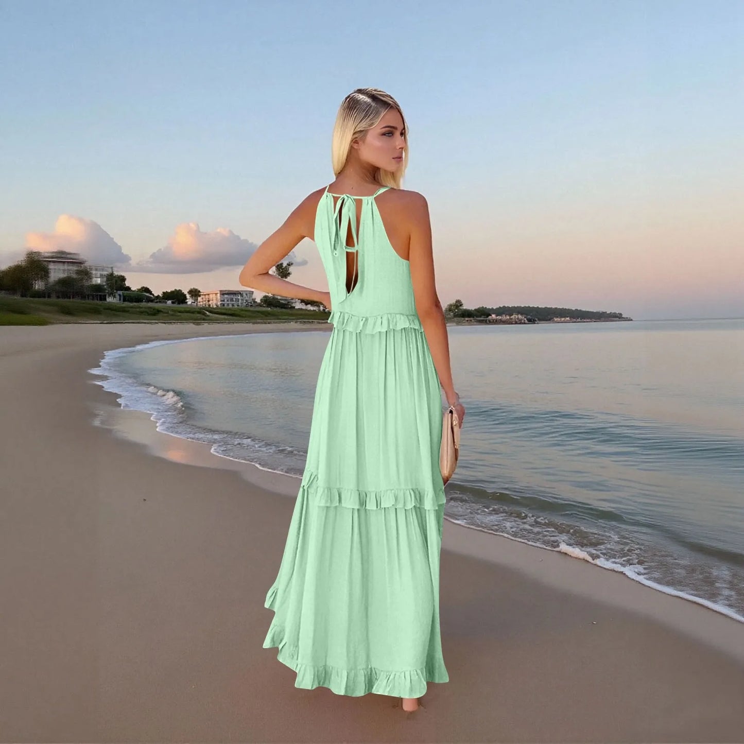 Women's Ruffled hem layered long dresses Summer Sleeveless backless dress Fashion Long Dress Big Swing Beach Dress vestidos
