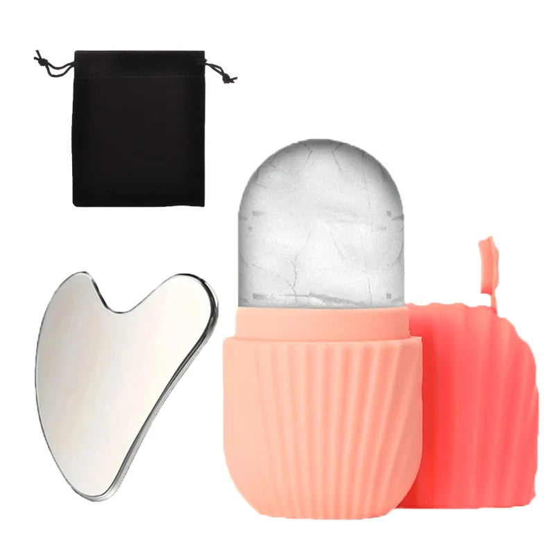 3-piece facial cleansing tool, stainless steel heart-shaped scraping tool, ice facial roller, a flannel bag