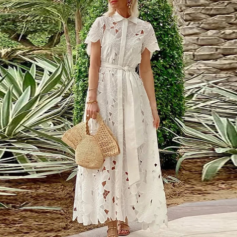 Casual Solid Color Holiday Dresses Summer Women's Lapel Tie Up Lace Dress Sexy Hollow Short Sleeved Single Breasted Long Dress