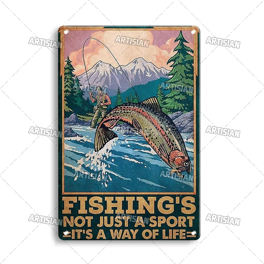 Artisian Fishing Metal Poster Sport Tin Sign Lure Bait Decorative Plaque Wall Decor Garage Bar Pub Club Hotel Cafe Kitchen Home