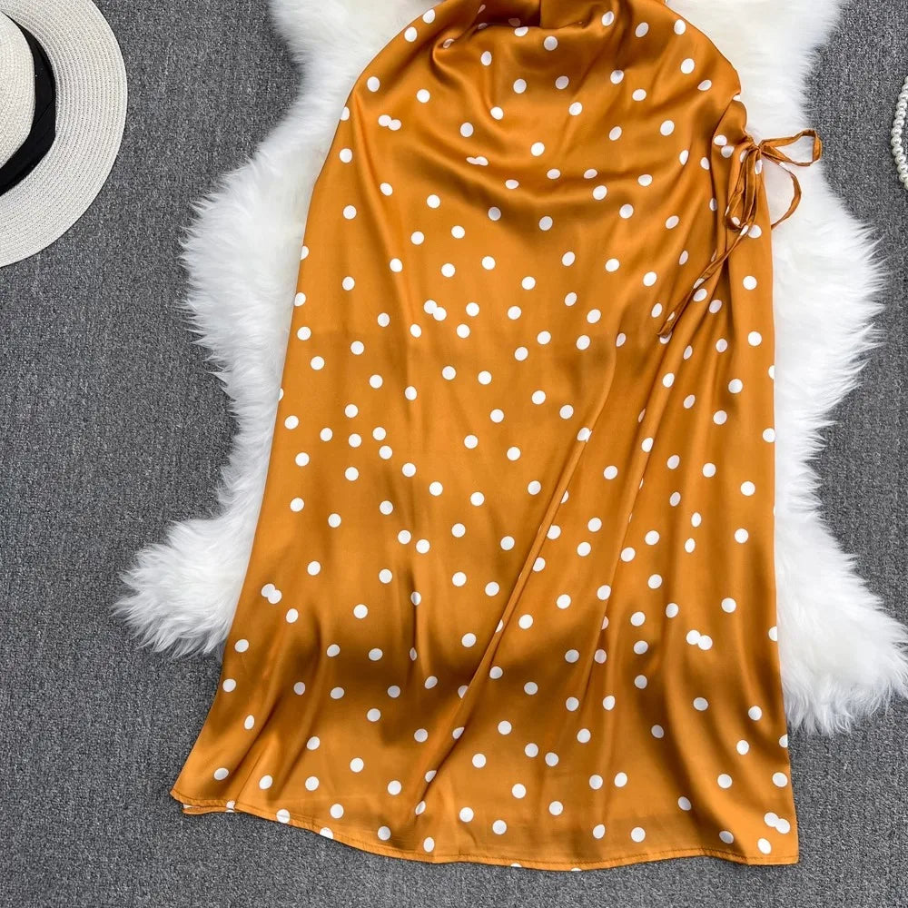 YuooMuoo Chic Polka Dot Camisole Dress for Women 2024 Summer Sexy High Split Drawstring Vacation Beach Long Dress Party Vestidos