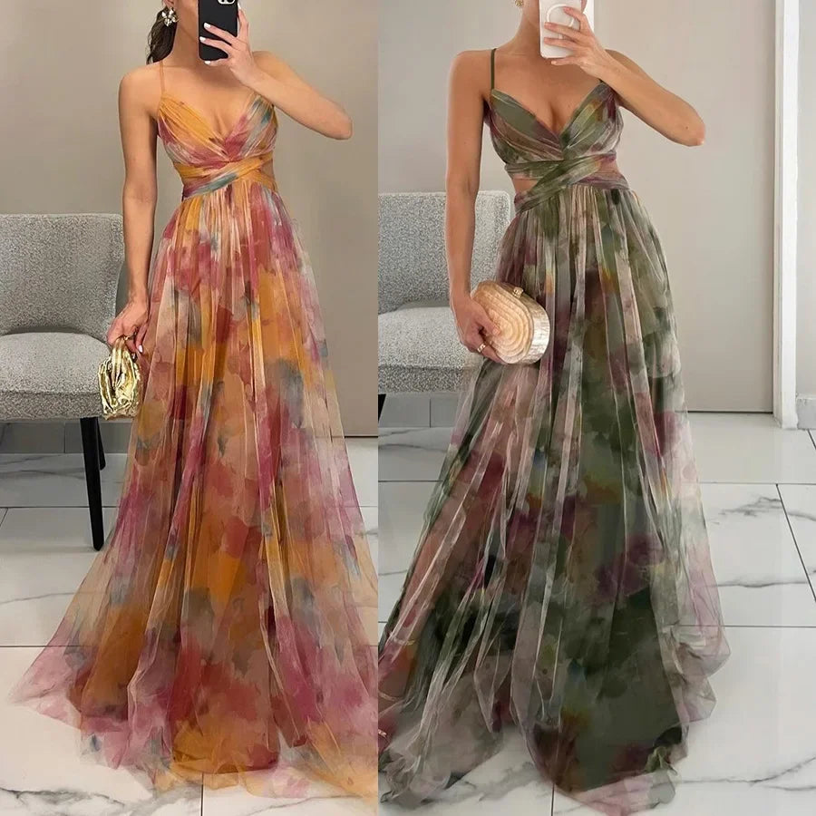 Color Mesh Spaghetti Strap Dresses Women Fashion Sexy V-neck Backless Leace-up Party Club Long Dress Female Evening Vestidos New