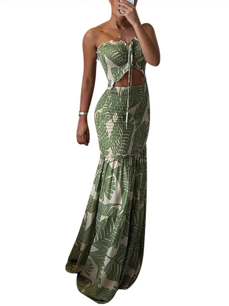 Printed Strap Pleated Long Dress Women Backless Off Shoulder Patchwork Ruffle Summer 2025 Dresses Party Vacation Chic Sexy Robe