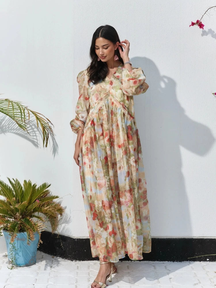 Fashion Print V-neck Women's Maxi Dresses Elegant Pleated Long Sleeve Loose Long Dress Female Summer Chic Casual Holiday Party