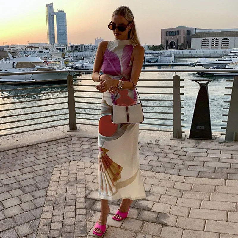 2024 Spring Summer Women long Dress Turtleneck Print Slit Round Neck Sleeveless Slim Fit Maxi Dress Robes Female Party Vestidos