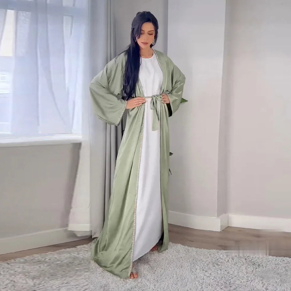 2024 Muslim Dress Diamond Women's Long Dress Fashion Long Sleeve Lace-up Long Abayas Casual Solid Color Clothes for Muslim Women
