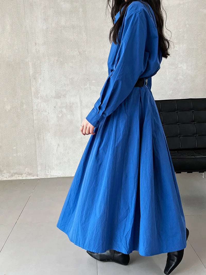 Polo‘s Collar Shirt Dress Women Spring Slimming Long Dress With A Cinched Waist Blue / Pink