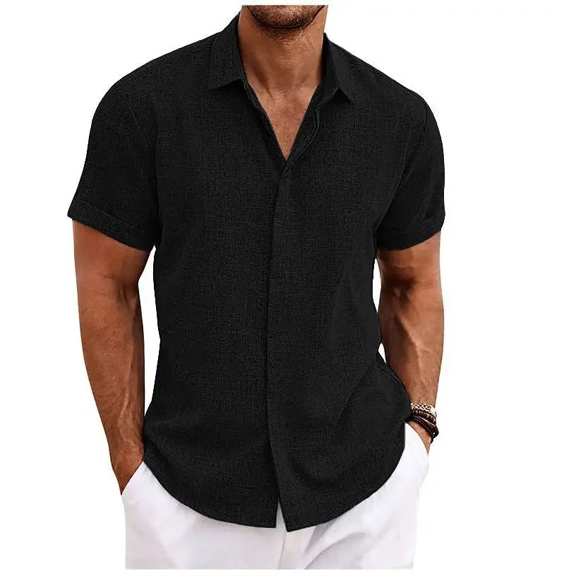 High Quality Cotton Linen Double Placket Men's Cardigan Short Sleeves Summer Home Use Lapel Shirt Cross-Border Style