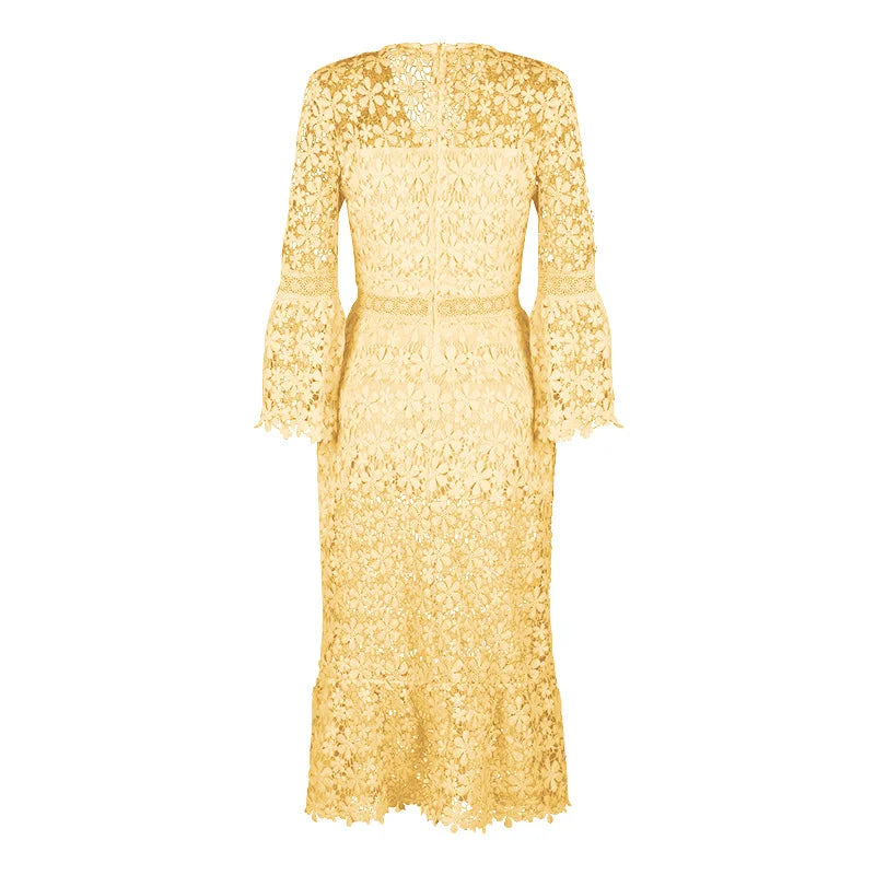 Sexy Autumn Lace Long Sleeve V-neck Big Show Long Dress Women Polyester Fabric High Waist Hollow Out Design Summer Style