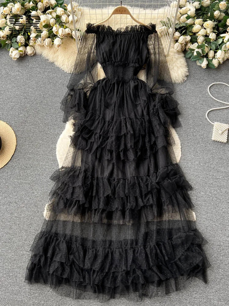SINGREINY Mesh Party Long Dress Women Ruffle Long Sleeve Slash Neck Elastic Waist French Ladies Summer Elegant A Line Dresses