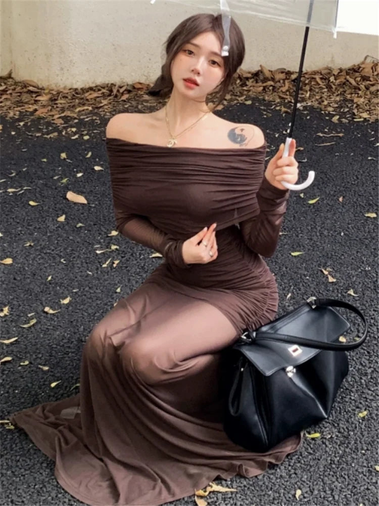 Women Long Sleeve Off Shoulder Coffee Long Dress New Spring Slash Neck Mesh Patchwork Dress Strapless Pleated Pencil Party Dress