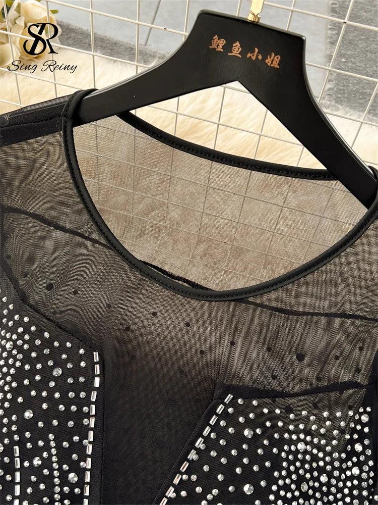 SINGREINY 2024 New Fashion Bodycon Long Dress Europen O Neck Long Sleeve Feather Female Senior Mesh Transparent Diamonds Dress