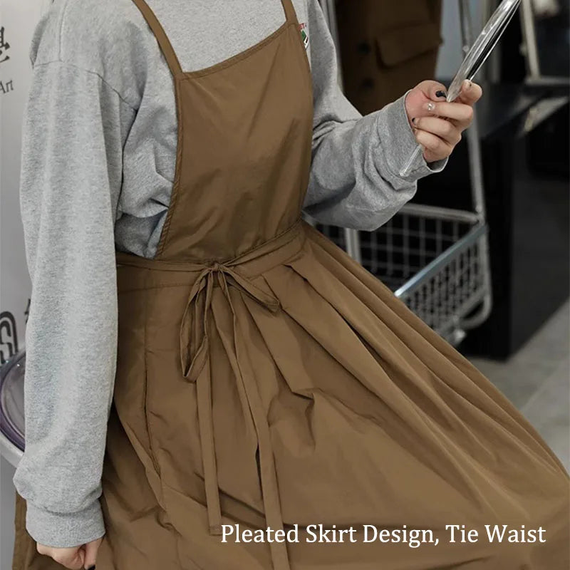 Lightweight Long Pleated Waterproof Apron with Pockets Oilproof Women Kitchen Work Apron for Beauty Nail Waiter Cooking Painting