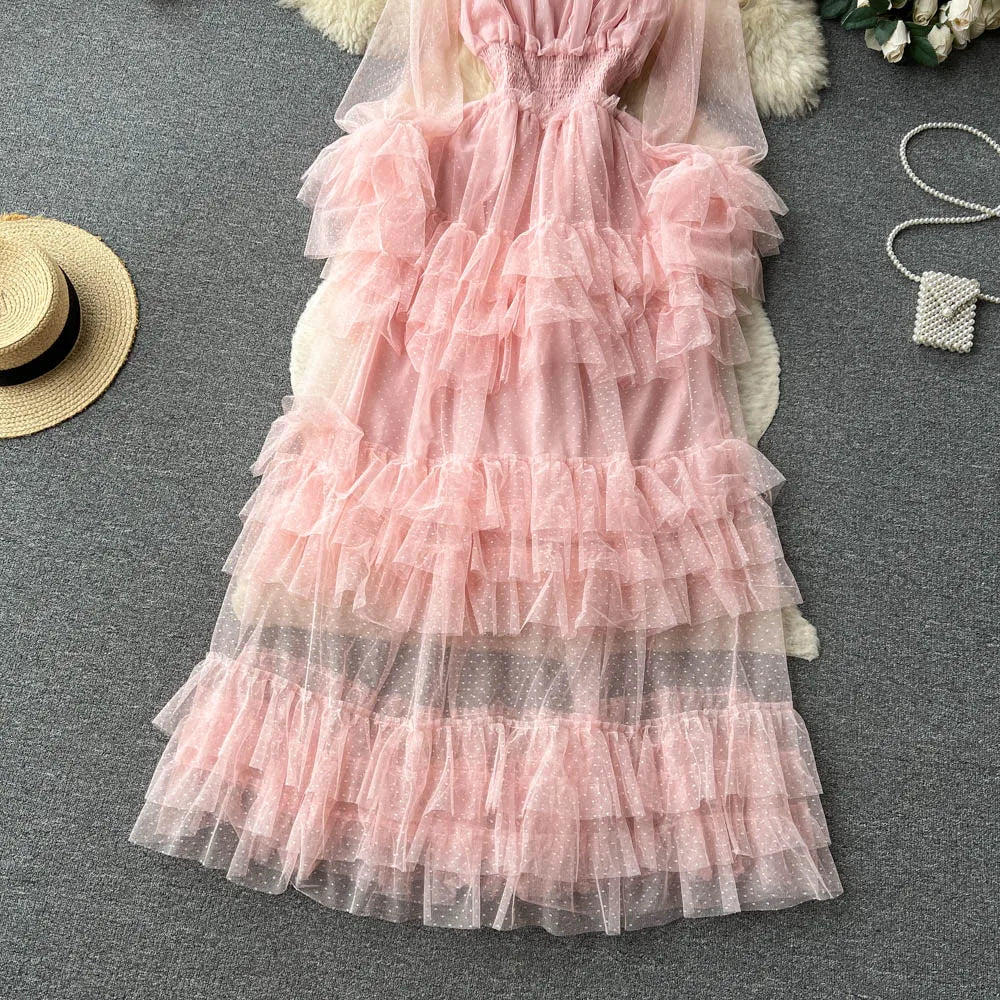 SINGREINY Mesh Party Long Dress Women Ruffle Long Sleeve Slash Neck Elastic Waist French Ladies Summer Elegant A Line Dresses
