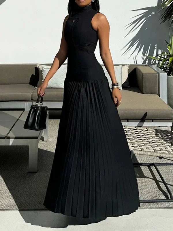 Bonboho 2024 New Summer Dress for Women High Neck Sleeveless Skinny Long Dress Solid Black High Waist Pleated Party Dresses