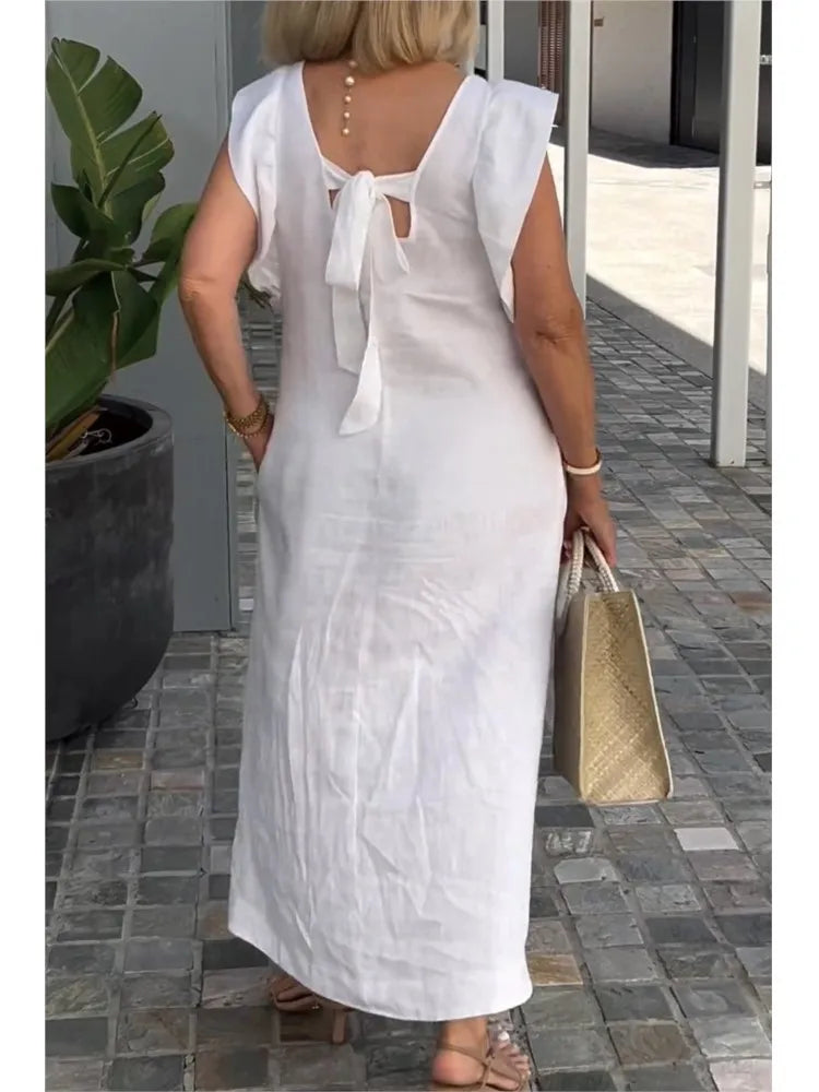 Summer Cotton And Linen Dress For Women Fashion Flying Sleeves Strappy Back Solid Color Loose Long Dress Elegant Robe Femme