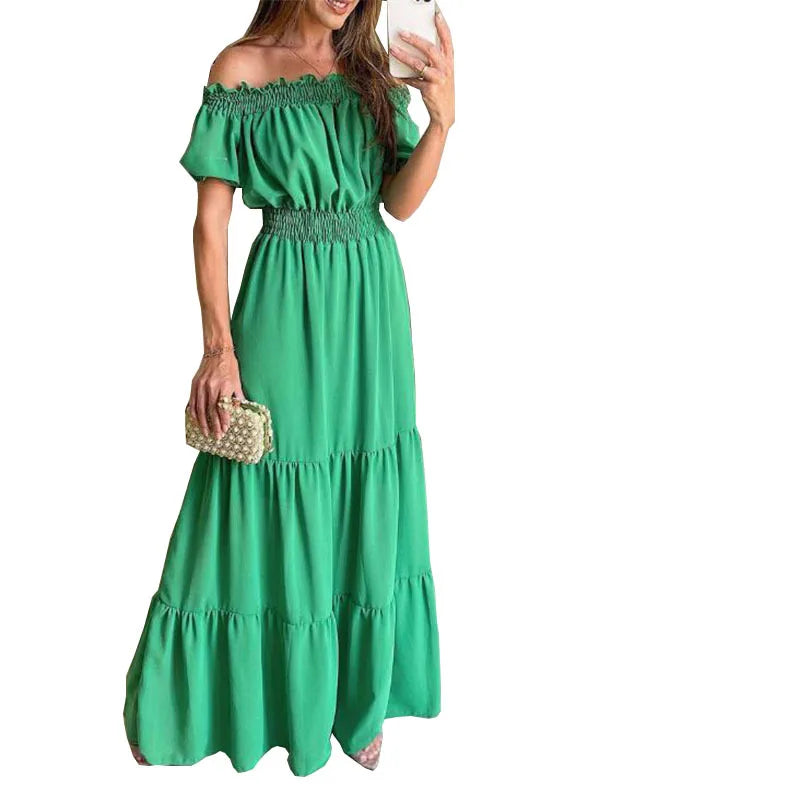Women's Dress One-line Collar Spring And Summer Short-sleeved New Green Long Dress Fashion Casual Loose Beach Party Dresses Robe