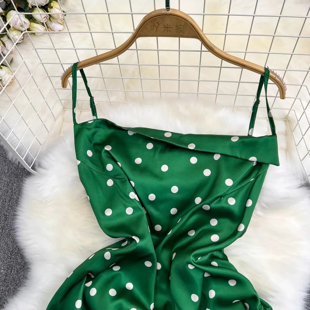 YuooMuoo Chic Polka Dot Camisole Dress for Women 2024 Summer Sexy High Split Drawstring Vacation Beach Long Dress Party Vestidos