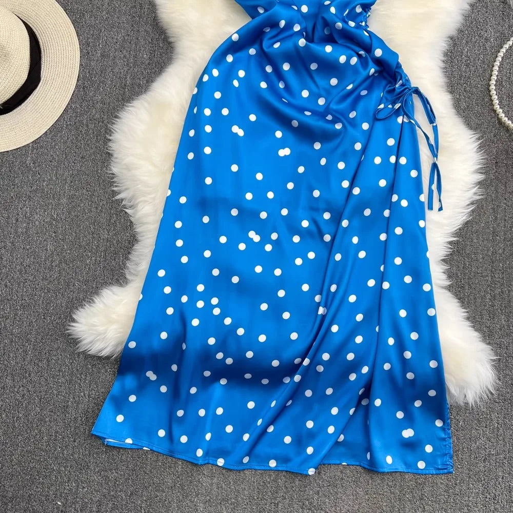 YuooMuoo Chic Polka Dot Camisole Dress for Women 2024 Summer Sexy High Split Drawstring Vacation Beach Long Dress Party Vestidos