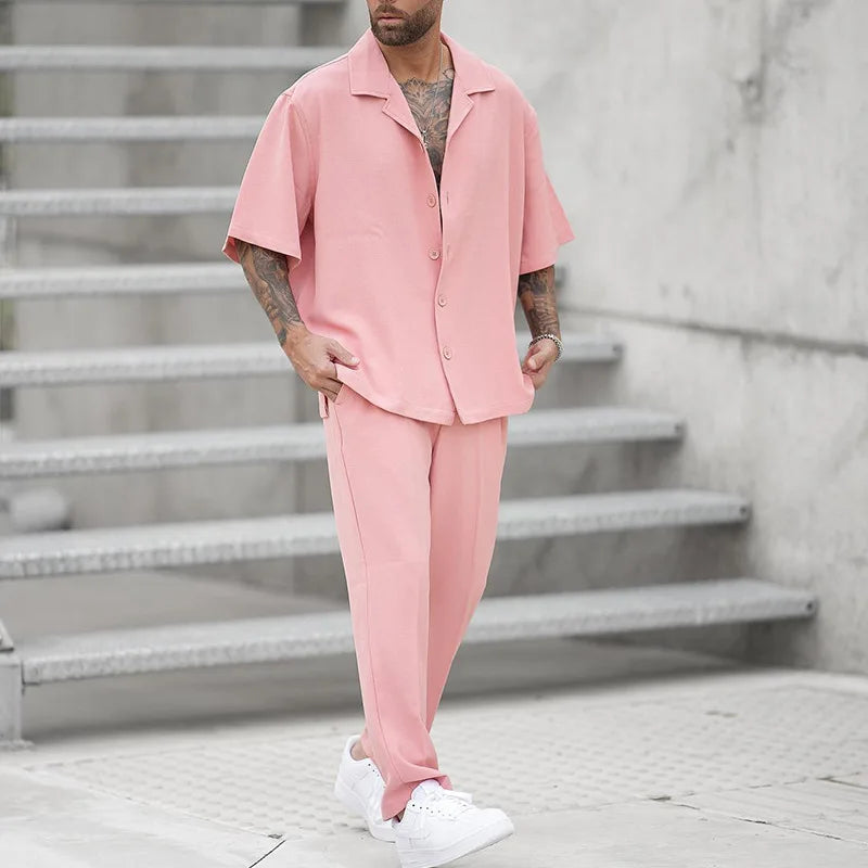 2025 Men's Casual 2PCS Pants Sets Fashion Lapel Shirt Top and Trousers Set Trendy Solid Blazer Pants Two Piece Set Clothing Male
