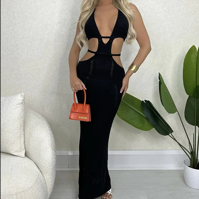 New Style Hollow Out Backless Tie Up Dress Women Beach Holiday Sun Bathing Sunscreen Long Dress Knitting Beachwear Cover Up
