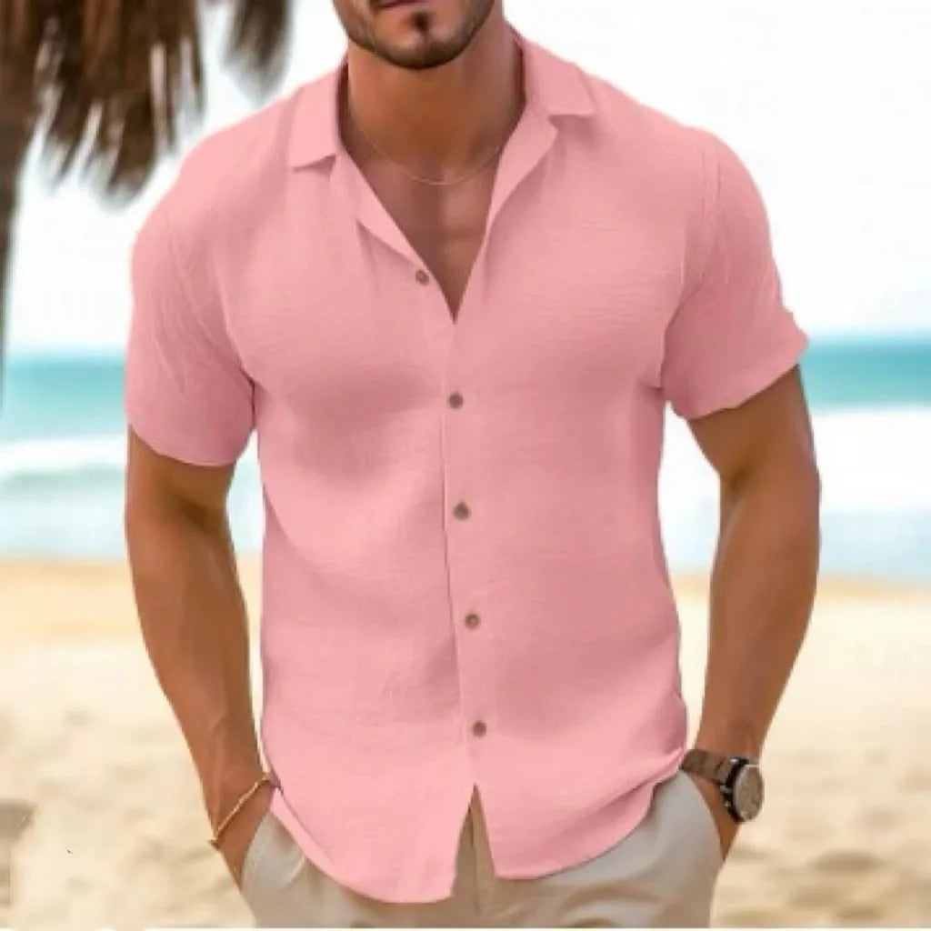 Summer Men's Shirt Short-sleeved Button-down Lapel White Top Casual Simple Black Blouses for Male